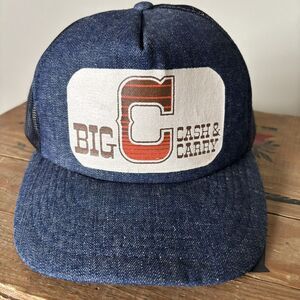 Vintage Yupoong Trucker Hat Blue Denim Big C Cash Carry Mesh Snapback Western